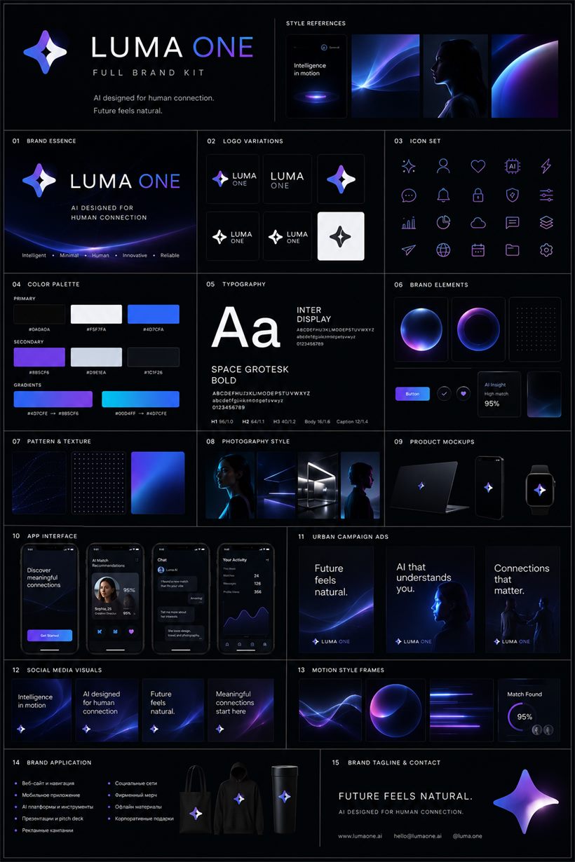 Luma One dark cinematic brand specification board