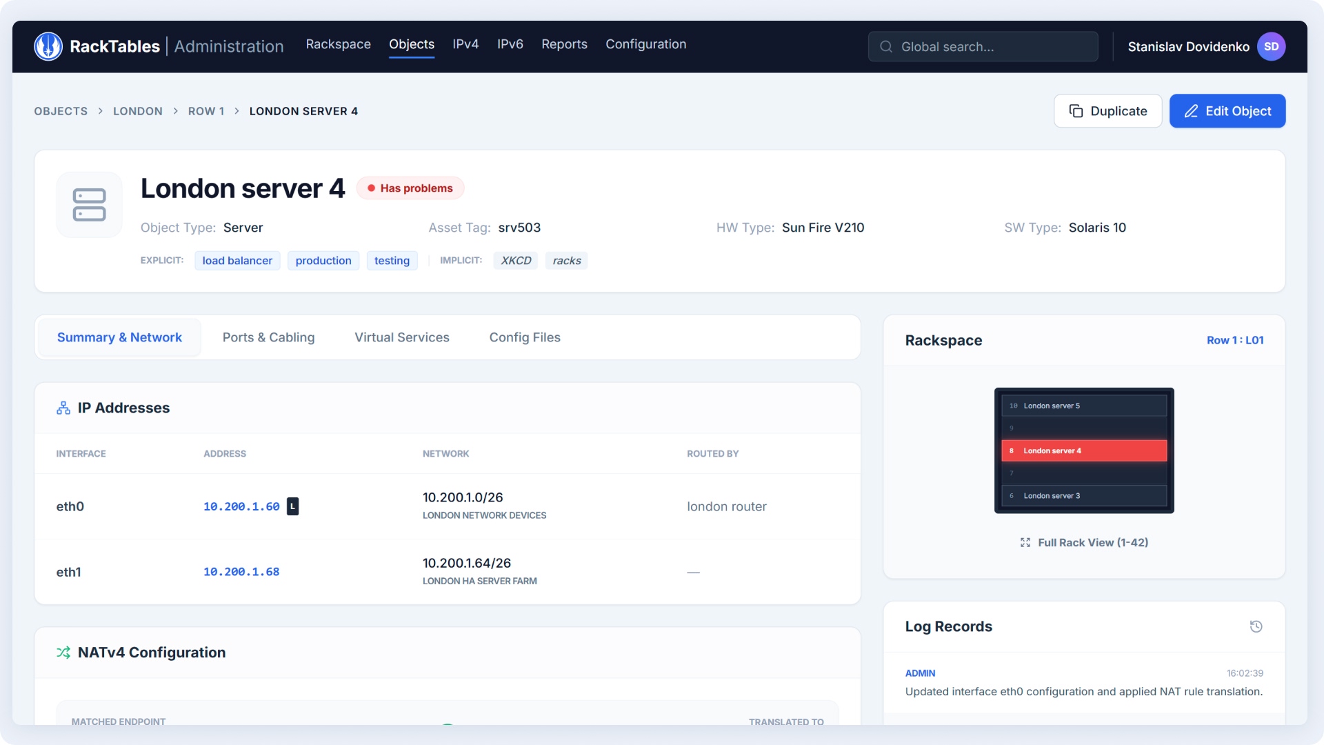 Server view interface with grouped network info blocks