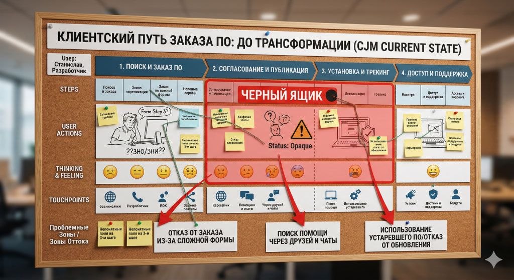 Customer Journey Map: Карта пути пользователя с выделением зон 'черного ящика' и точек падения конверсии
